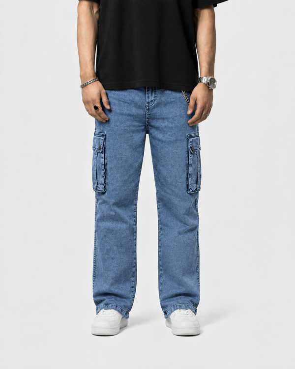 Six Pocket Cargo Jeans — Light Blue