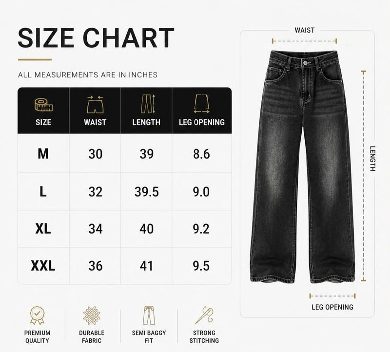 Size Chart for Premium Semi Baggy Jeans - Deep Blue
